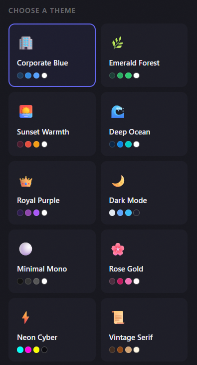 Theme picker with 20 professional styles
